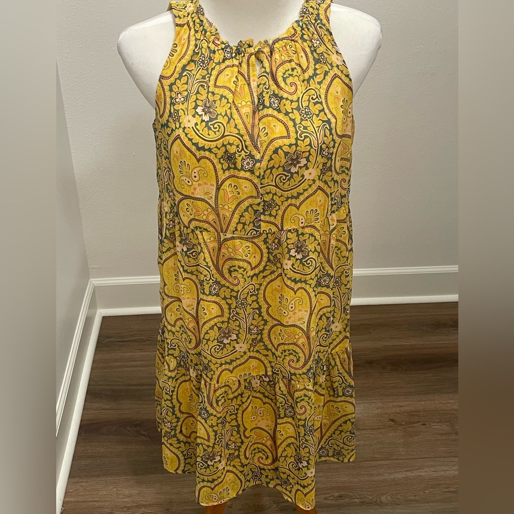 Loft Yellow Metallic Paisley Tiered Dress size Small